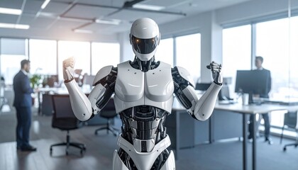 A modern robot in a contemporary office environment, highlighting the fusion of technology and workspace