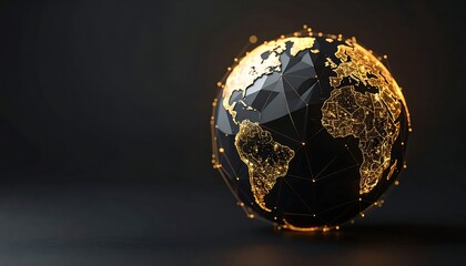 A low-poly rendering of the Earth. The globe's surface is segmented, with lines and nodes connecting the landmasses, illuminated in gold against a dark grey backdrop