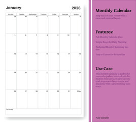 calendar,january,2026 modern flat vector illustration for yearly planning design vector graphic for event scheduling