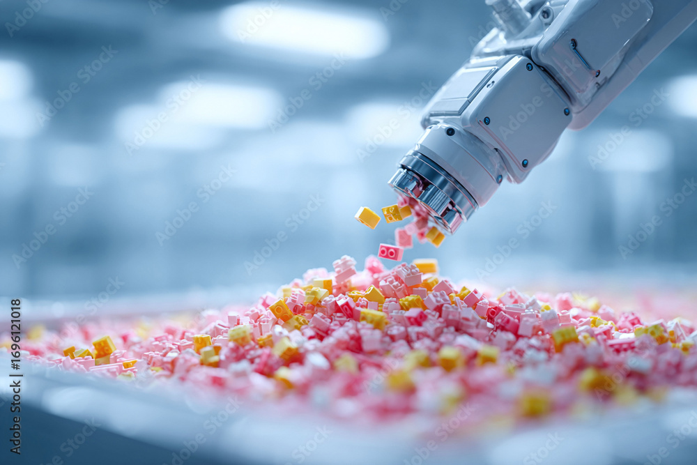 Poster automation concept robotic arm adding colorful toy blocks to a growing pile. symbolizes precision, e