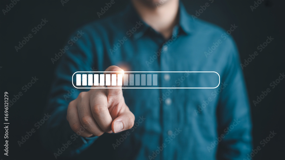 Poster progress bar loading concept with man touching screen for download update installation process
