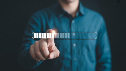 Progress bar loading concept with man touching screen for download update installation process