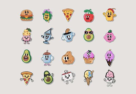 Cute Cartoon Food and Drink Stickers Set