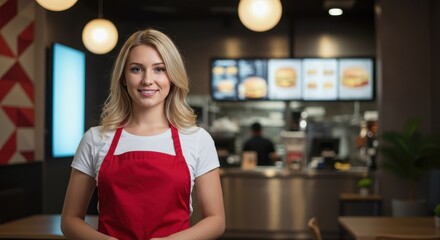 Woman wearing a red apron smiles in a restaurant Menu board and light fixtures are visible