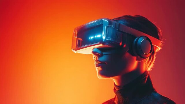 Woman in VR headset experiencing virtual reality against neon background