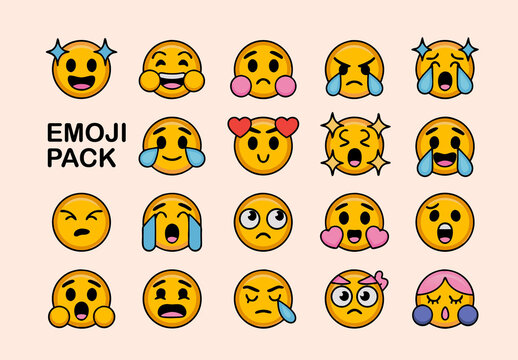 Expression Emoji Pack Flat Vector Cute Faces for Stickers and Tshirts
