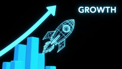 Abstract illustration of a rocket ship ascending with a glowing arrow and bar graph indicating upward trend and growth, symbolizing business expansion and success - Powered by Adobe