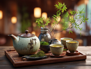 Traditional asian tea ceremony set with teapot and cups enjoying a relaxing moment