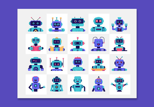 Futuristic Robot Faces Flat Vector Cartoon Robots