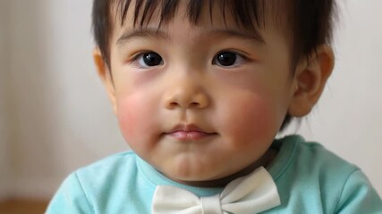 there is a little boy with a bow tie on looking at the camera