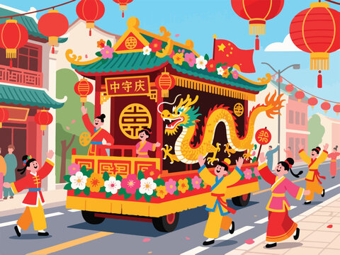 Traditional Chinese Parade Float during China National Day - Flat 2D Vector