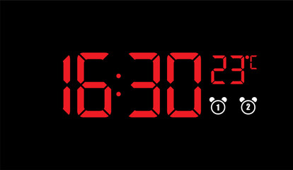 Red digital clock displaying 16:30 and 23 degrees Celsius, with alarm icons, on a black background.