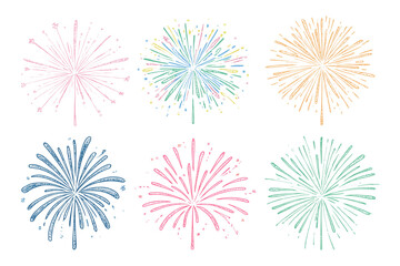 Set of colorful fireworks display bursting brightly against a dark night sky for celebration