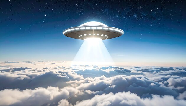 A luminous, disc-shaped spacecraft hovers above a sea of clouds illuminated by a brilliant light.