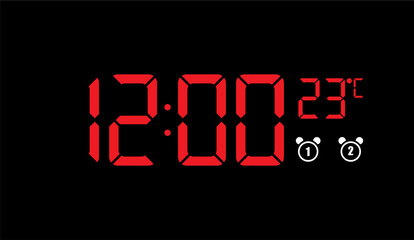 Red digital clock displaying 12:00 and 23 degrees Celsius with alarm icons on a black background.