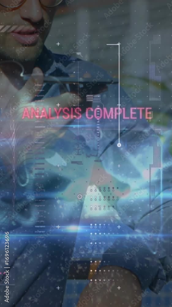 Poster Animation of statistics and data processing over business people using laptop