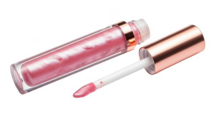 Close-up of pink shimmery lip gloss in a clear tube with rose gold accents and applicator wand