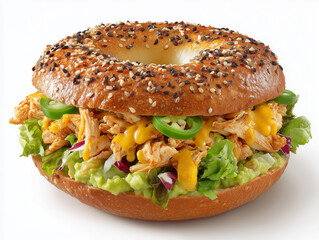 Delicious bagel sandwich with pulled chicken, guacamole and jalapeño on white background