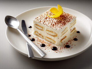 Delicious tiramisu cake with lemon zest and chocolate sprinkles on white plate