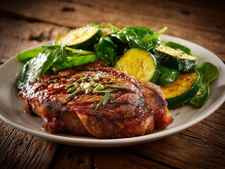 Grilled ribeye steak with sauteed zucchini and spinach on rustic wooden table