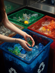 Woman recycling plastic bottles into separate bins for eco-conscious waste management