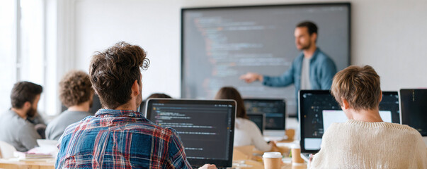 Students learn coding from an instructor, focused on software development. Group studies, teamwork, and tech concepts. Educational, professional, and modern.