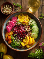 Healthy vegan buddha bowl with beetroot hummus, quinoa and fresh vegetables
