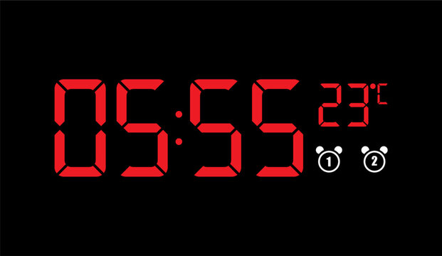 Red digital clock displaying the time 05:55 and a temperature of 23 degrees Celsius, with alarm icons.