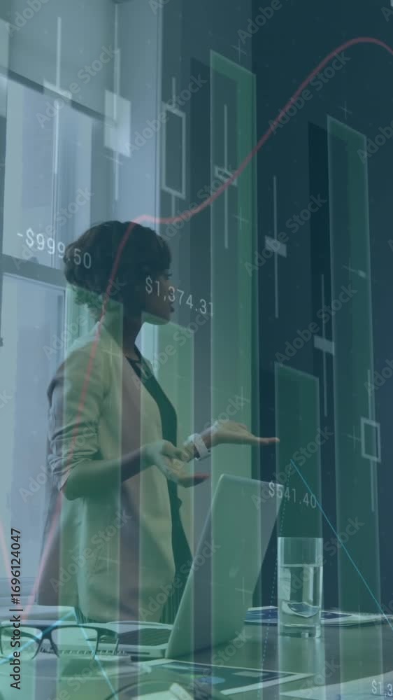 Poster animation of statistical data processing over colleagues having a video conference at office