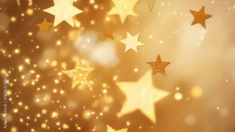 Poster ethereal golden stars suspended in warm luminescent background, creating dynamic visual texture with