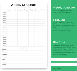 Weekly Schedule Planner Template for Time Management and Productivity Daily Hourly Organizer Goal Setting and Task