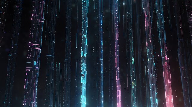 Abstract digital art, glowing vertical lines in neon blue and pink, futuristic, technology, science, dark background.
