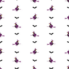 Seamless Halloween pattern with flying witches and bats, spooky cartoon festive design