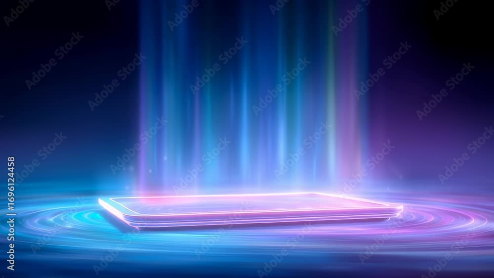 Poster luminous rectangular platform surrounded by swirling blue and purple energy waves, revealing intrica