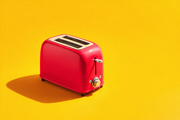 Vibrant, eyecatching image of a red toaster against a bold yellow backdrop. Minimalist style, perfect for illustrating breakfast, kitchen appliances, or home decor.  Modern, clean aesthetic.