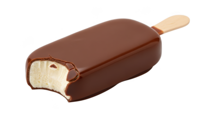 Delicious chocolate covered ice cream bar on a stick with a bite taken out
