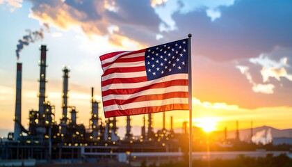 A vibrant sunrise casts golden hues over an industrial complex. An American flag waves proudly in the foreground against the backdrop of smoking towers and intricate machinerys