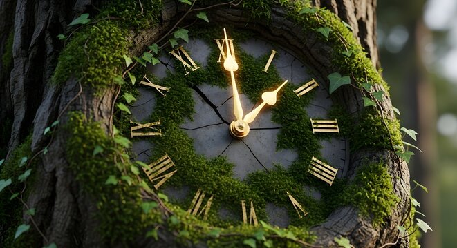 A clock overgrown with moss on a tree trunk in a lush forest