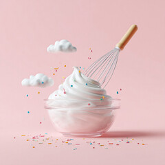 Whimsical, dreamlike food concept. Whipped cream in glass bowl with whisk, sprinkle rain, and cloud accents on a soft pink backdrop. Ideal for baking, desserts, or sweet themes.