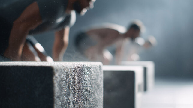 Muscular athletes performing box jumps. Strength training concept. Gym workout for fitness, motivation, power. Intense cardio exercise, dramatic lighting.