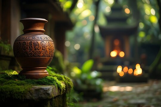 Ancient ceramic vase on mossy stone in enchanted forest setting