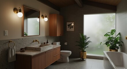 bathroom with terrazzo sink, oak floating vanity, brass sconces
