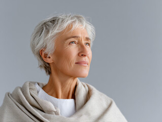 Hopeful senior woman looking up on gray background