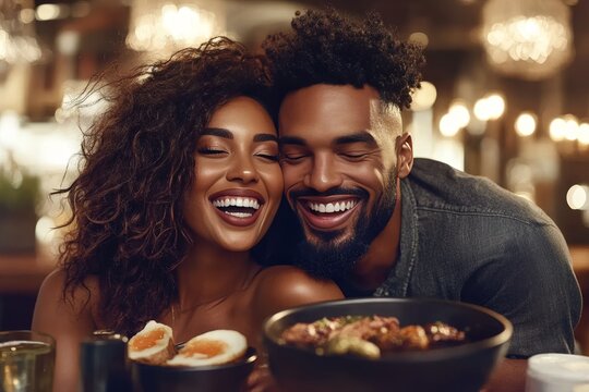 Joyful couple sharing a delicious meal at a cozy restaurant during a romantic evening