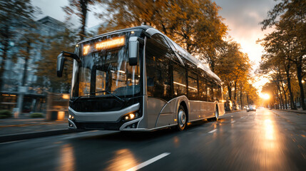 Fototapeta premium Modern electric bus driving through tree-lined street during sunset, showcasing sleek design and eco-friendly transportation in urban environment with vibrant autumn colors