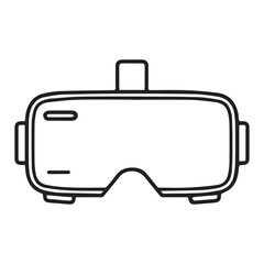 A minimalist, black and white line art illustration of a virtual reality headset, presented on a plain background.