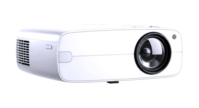 sleek white projector 3d model for modern home theaters and presentations, isolated on transparent background