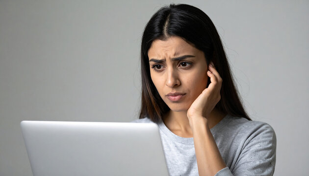 Confused young woman with a perplexed expression stares at the laptop screen, feeling stressed by online problems or bad news