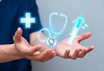 Medical technology innovation with holographic healthcare icons including stethoscope, syringe, pills and emergency cross in doctor hands for digital health and futuristic diagnosis concept
