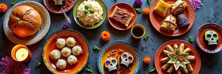 Colorful mexican cuisine with traditional bread, tamales, and sugar skulls for dia de los muertos